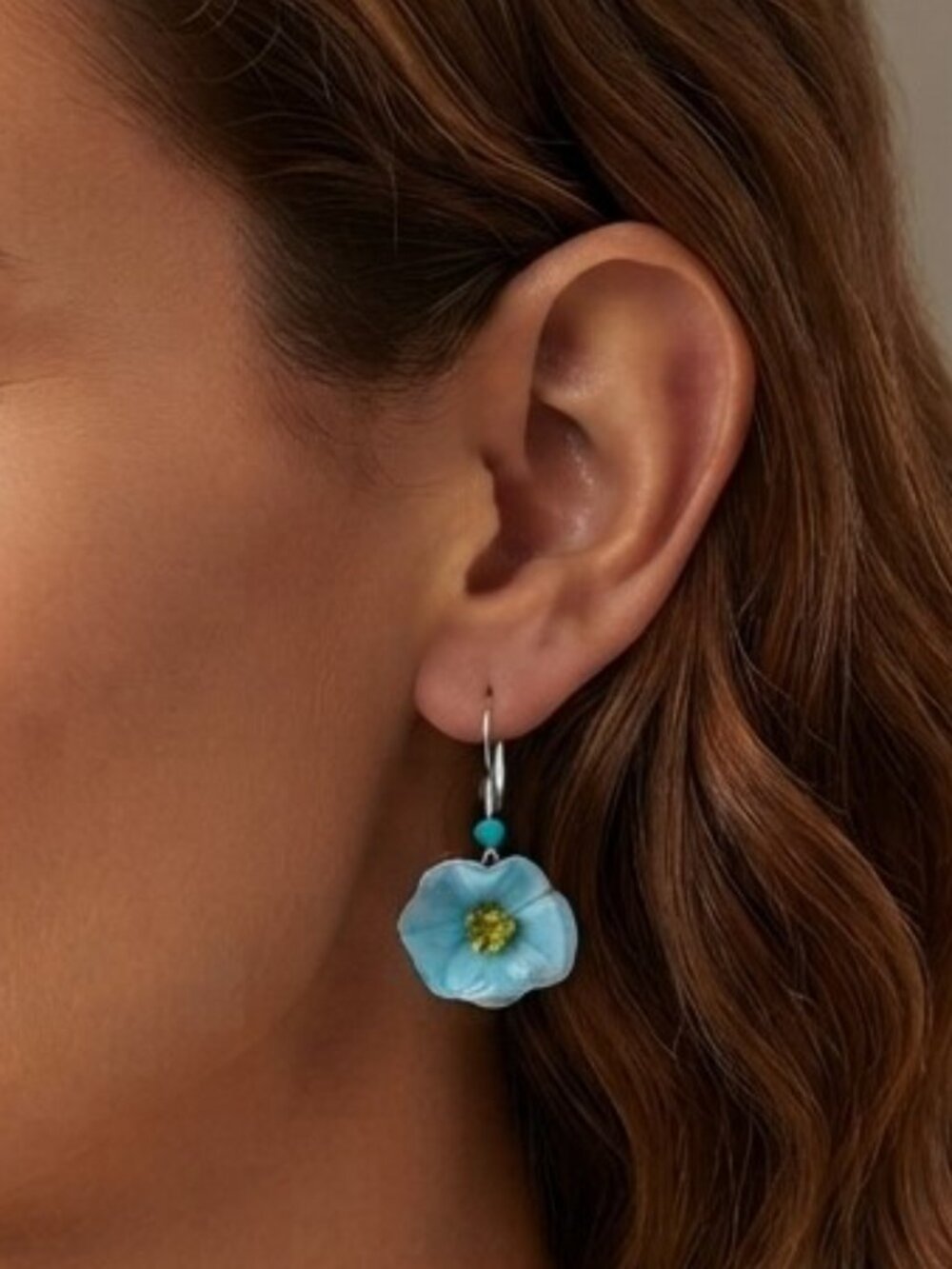 Handblown Glass Blue Flower Earrings